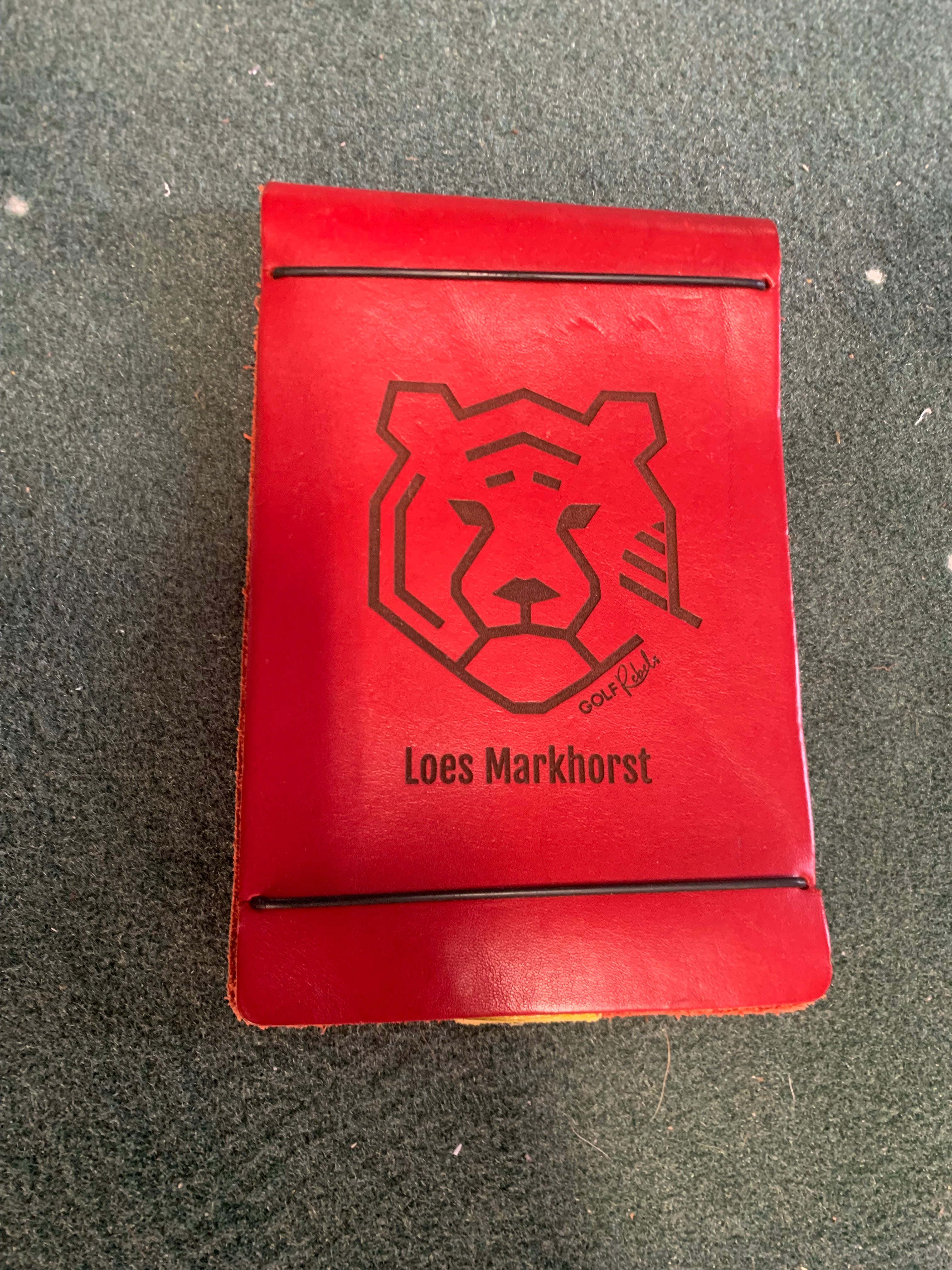 Handmade leather scorecard holder - tour model with your name.